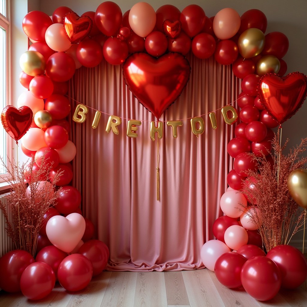 Grand birthday decoration for a boy born on Valentine's Day. Decor features red, gold, and sparkling red balloons. Includes balloon arches, garlands, clusters of balloons, heart-shaped elements, cheerful and love-filled vibe.