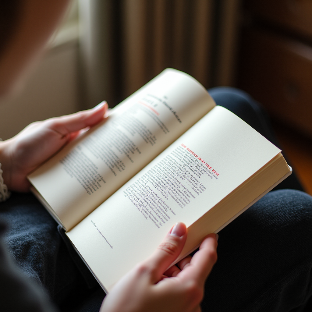 A person is reading a book with focused attention.