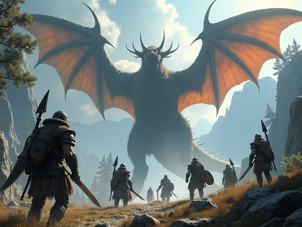 An epic scene depicting a group of hunters from Monster Hunter Outlanders preparing for battle against a massive creature. The hunters are equipped with unique weapons and armor, showcasing their diverse skills. In the background, a dramatic landscape features towering trees and jagged rocks, creating an immersive environment. The creature, with its fearsome wings and menacing gaze, dominates the skyline, adding to the tension of the scene. The image aims to capture the thrill and adventure of the Monster Hunter universe.