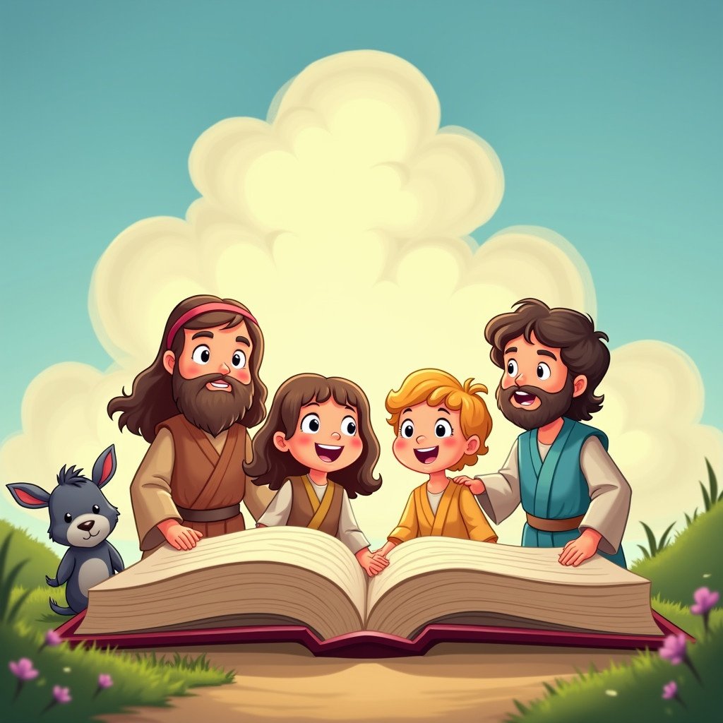 Cartoon illustration featuring an open Bible. Characters from kids' Bible stories are engaging with it. Several animals appear playfully. Setting is bright and lighthearted. Low-angle perspective enhances the scene.