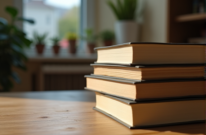 A stack of books rests on a sunlit wooden table, with potted plants softly blurred in the background.