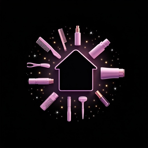 Modern illustration with a black background. Center home icon outlined. Surrounding beauty tools arranged in a circle. Tools include scissors, combs, hairbrushes, skincare bottles, nail polish bottles, perfume bottles, razors, hairdryers. Colors include light purple and beige. Subtle gradients and highlights in the tools. Glowing effects around tools and home icon. Sparkles in background. Minimalist elegant style.