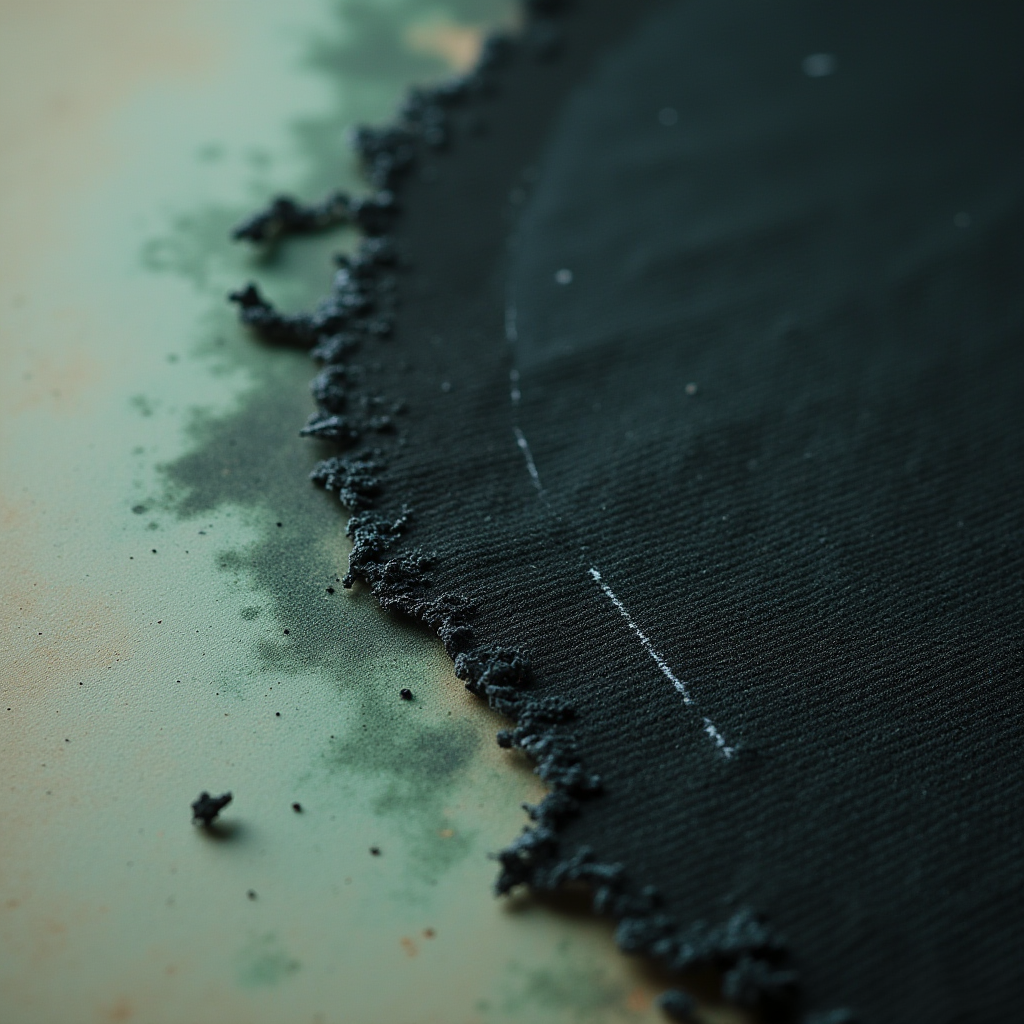 Close-up of a torn fabric edge on a textured, mossy surface.