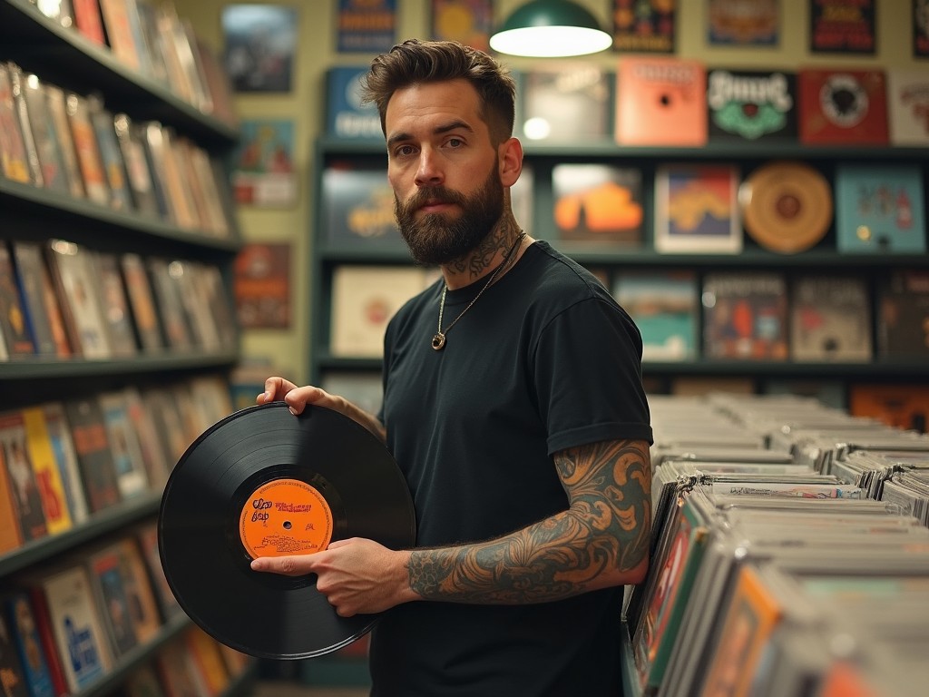 In a vibrant record store, a tattooed man confidently holds a vinyl record with a striking orange label. He stands amidst rows of records, showcasing his love for music and collection. The atmosphere is cozy, filled with a warm light that enhances the inviting space. His intricate tattoos tell stories of their own, adding character to his persona. This scene captures the essence of music culture and the joy of discovering vinyl treasures.