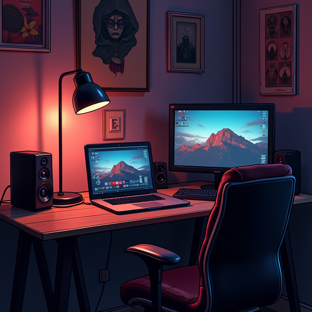 A lit desk with a laptop and monitor, surrounded by framed artwork.