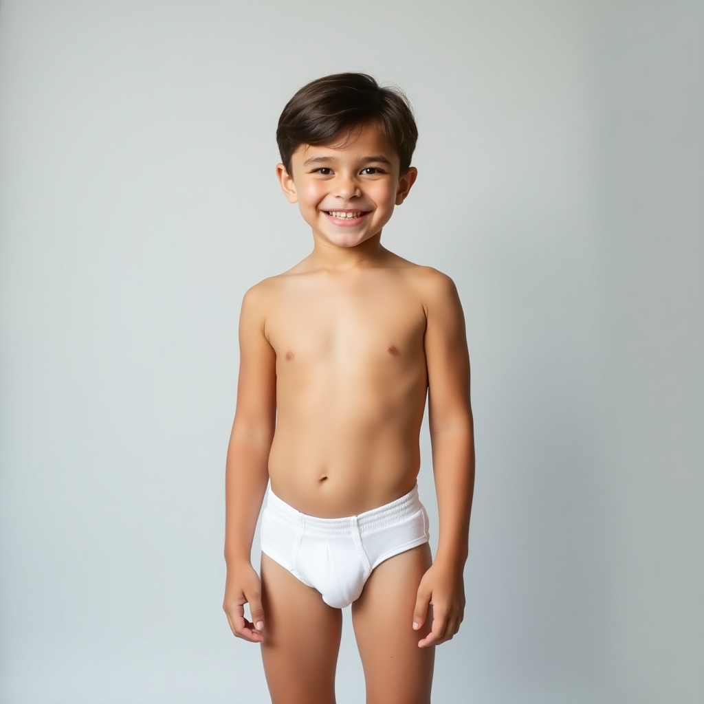 Image features a young boy standing against a light gray background. He wears white underwear. The boy offers a natural smile. Lighting is soft and even. Pose is confident and relaxed.