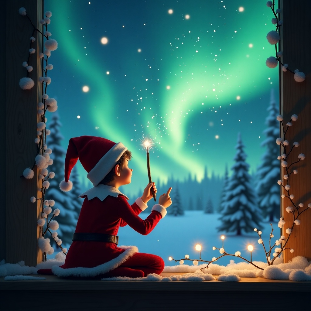 An enchanting Christmas scene features an elf on the shelf with his back to the viewer, gazing upwards through a snowy window. He is dressed in a vibrant red outfit, complete with a matching hat. In his hand, he holds a wand, casting twinkling sparkles in the night sky. The backdrop bursts with magical northern lights swirling in greens and blues. Outside, snow-covered trees can be seen, creating a perfect winter wonderland atmosphere. The elf appears to be engaged in writing something special in the sky, adding to the magic of the moment.