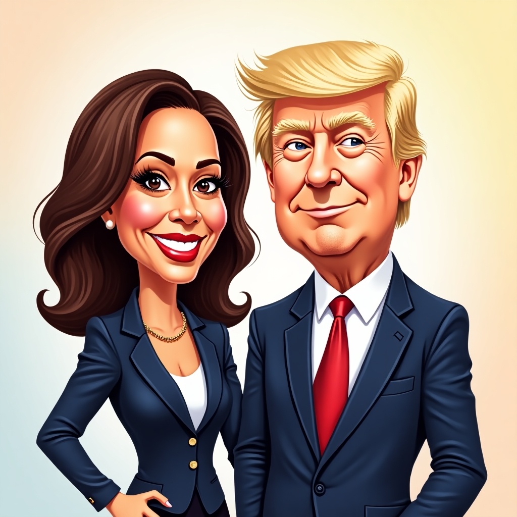 Colorful cartoon representation of Kamala Harris and Donald Trump standing side by side. Exaggerated caricature style emphasizes distinctive features. Background features soft gradient colors for a cheerful vibe. Harris has a bright smile in professional attire. Trump exhibits signature hairstyle and confident demeanor. Light-hearted take on political figures.