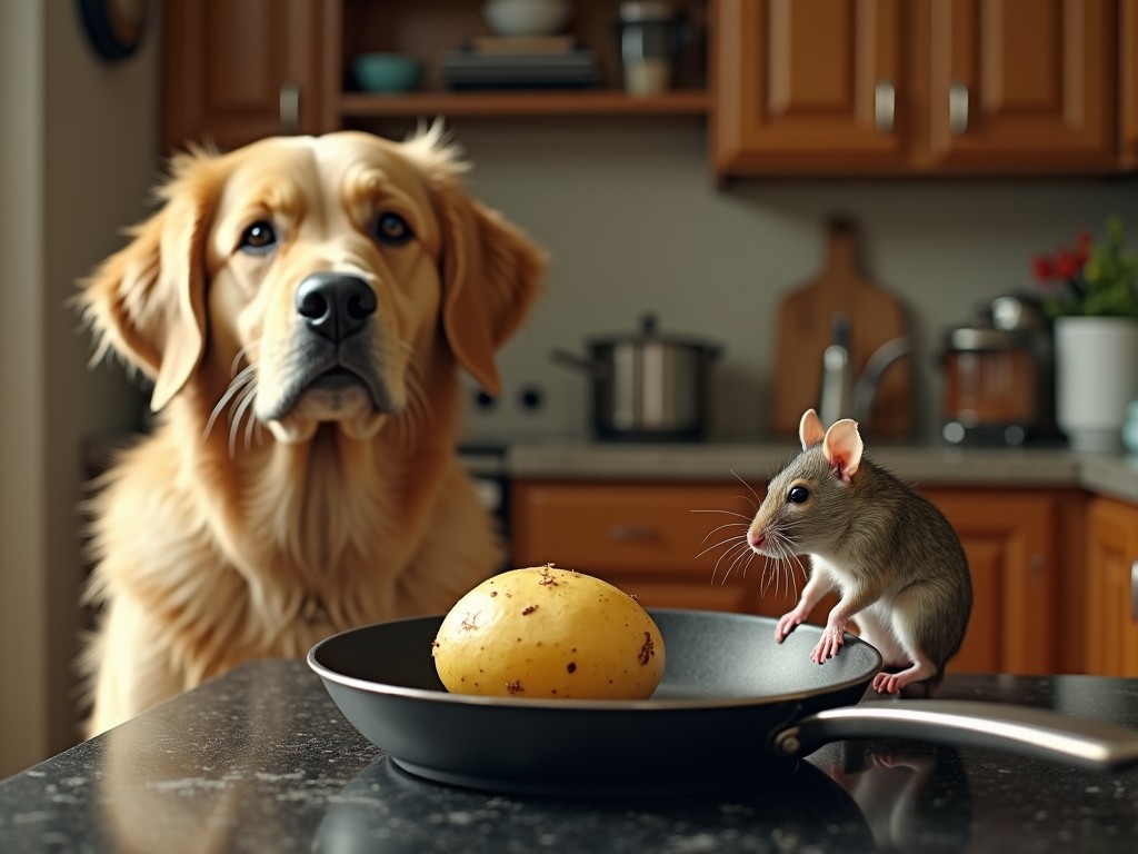 A golden retriever and a rat in a kitchen scene, with a potato on a pan, creating a humorous and heartwarming image.