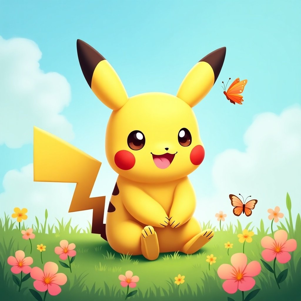 Image of Pikachu, a cute yellow Pokémon character, sitting in a field of flowers. Background features blue sky and fluffy clouds. Butterflies flutter around Pikachu. The character has big eyes and a happy expression.