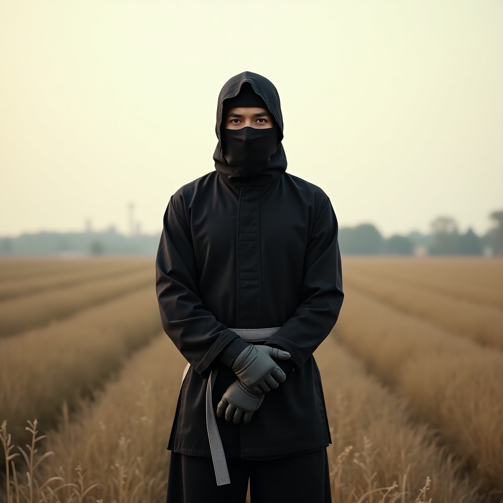 A ninja is standing in a field with hands behind him. He waits while facing away from the viewer. The landscape appears to be an open field with a golden hue.