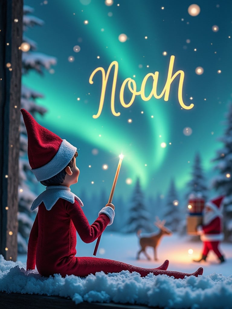 Enchanted Christmas scene with an elf on the shelf. Elf gazes up while writing 'Noah' with wand. Stunning northern lights in the background. Distant Santa Claus with gifts. Snow covers the ground. Captures holiday joy and wonder.