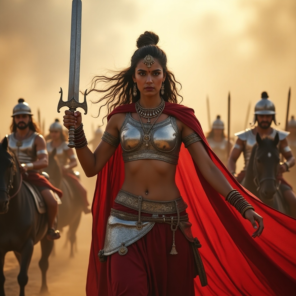 Depiction of Queen Durgavati leading her army on a battlefield. She raises her sword high. Silver armor shines against a chaotic background. Her red dupatta flows as she embodies courage and strength.