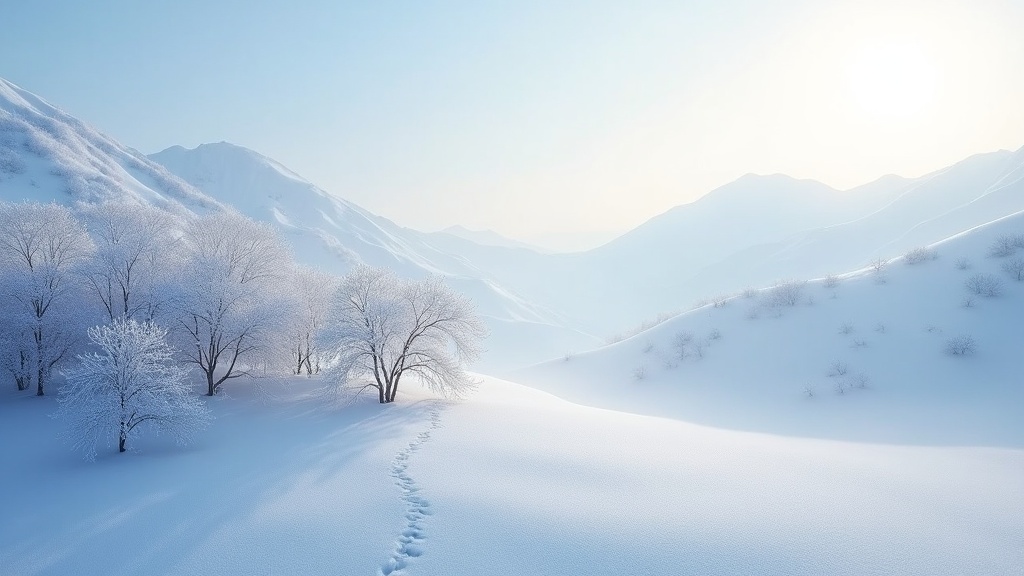 This image captures the beauty of the first snow in Jiangnan. Soft flakes gently float through the air, settling on the landscape. Layer upon layer of mountains are cloaked in pristine white. The scene is illuminated by soft, warm light, creating a serene atmosphere. Frost-covered trees dot the landscape, adding to the picturesque winter setting. It evokes feelings of peace and tranquility, making it a perfect representation of winter's gentle beauty.