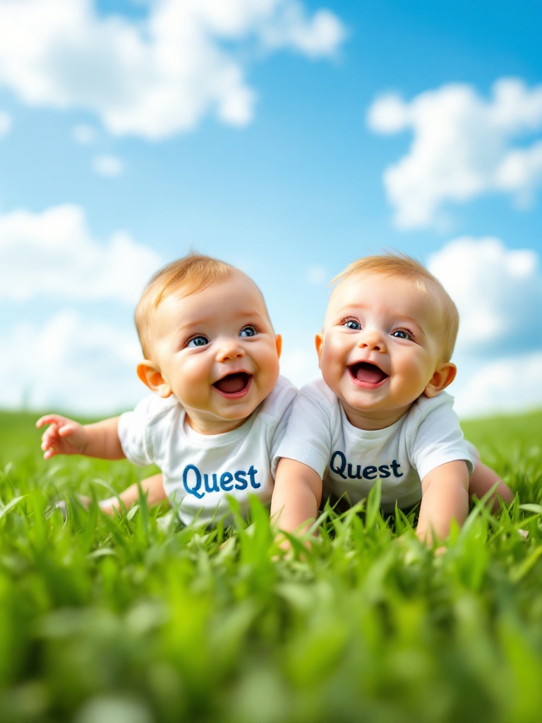 Image shows two happy babies playing on green grass. One baby has a shirt with 'Quest' embroidered. Scene is joyful with vibrant grass and clear blue sky. Emphasis on playfulness and innocence.