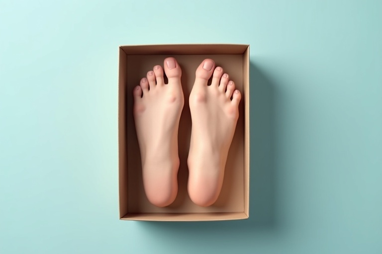 A pair of realistic female feet inside a neatly placed box. The feet are well-groomed. Background is a soft pastel blue.