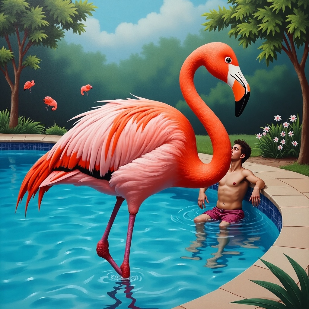 This artwork features a large, vibrant flamingo standing in a swimming pool. A young man in swim trunks is seated at the edge of the pool, enjoying the sunny day. Surrounding the pool are lush green trees and a few small fish that add to the tropical theme. The flamingo is detailed with rich pink hues and striking black accents. The overall scene conveys a relaxed and cheerful summer vibe, ideal for a decorative piece in a home or resort.