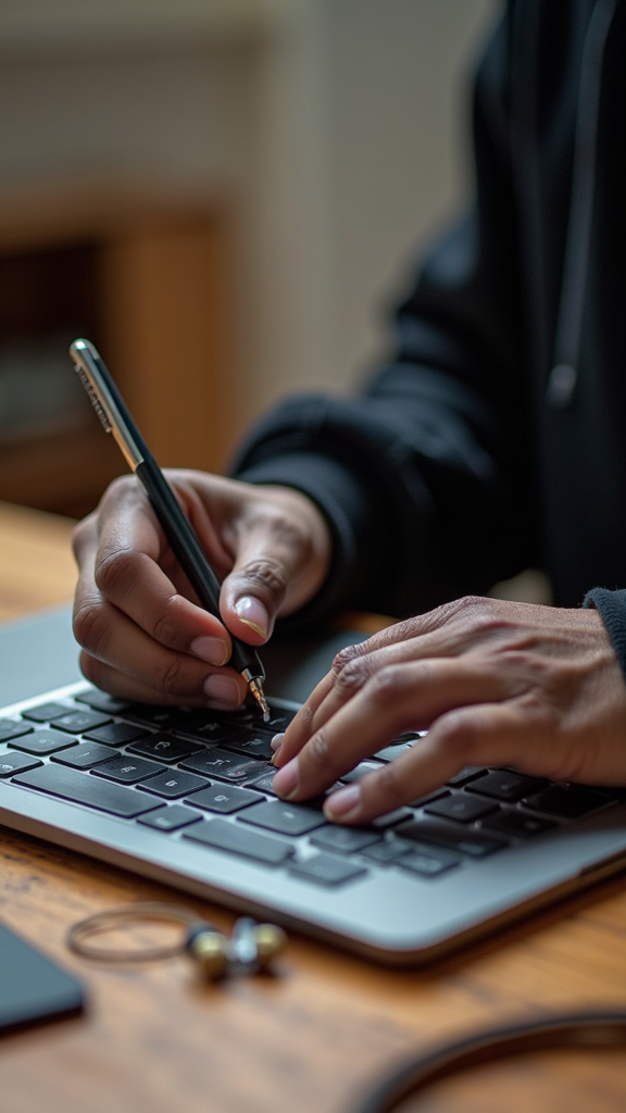 A person is writing or drawing on a paper over a laptop keyboard in a well-lit room.