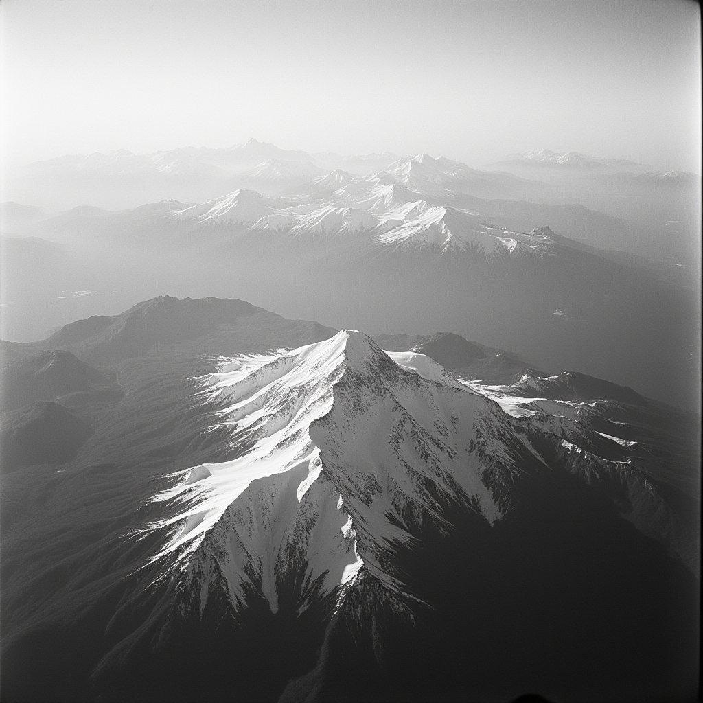 A black and white aerial view of a snow-capped mountain range under a hazy sky.