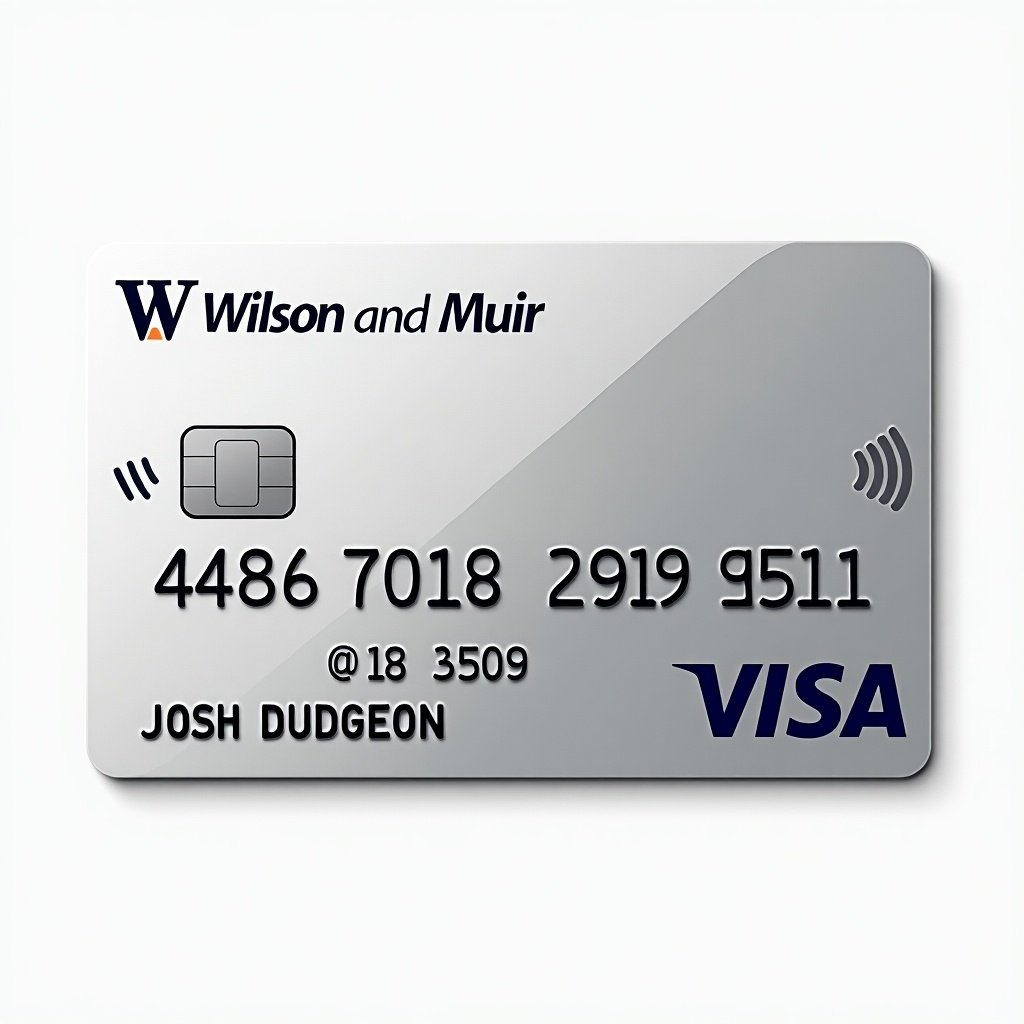 Realistic representation of a Wilson and Muir bank credit card.