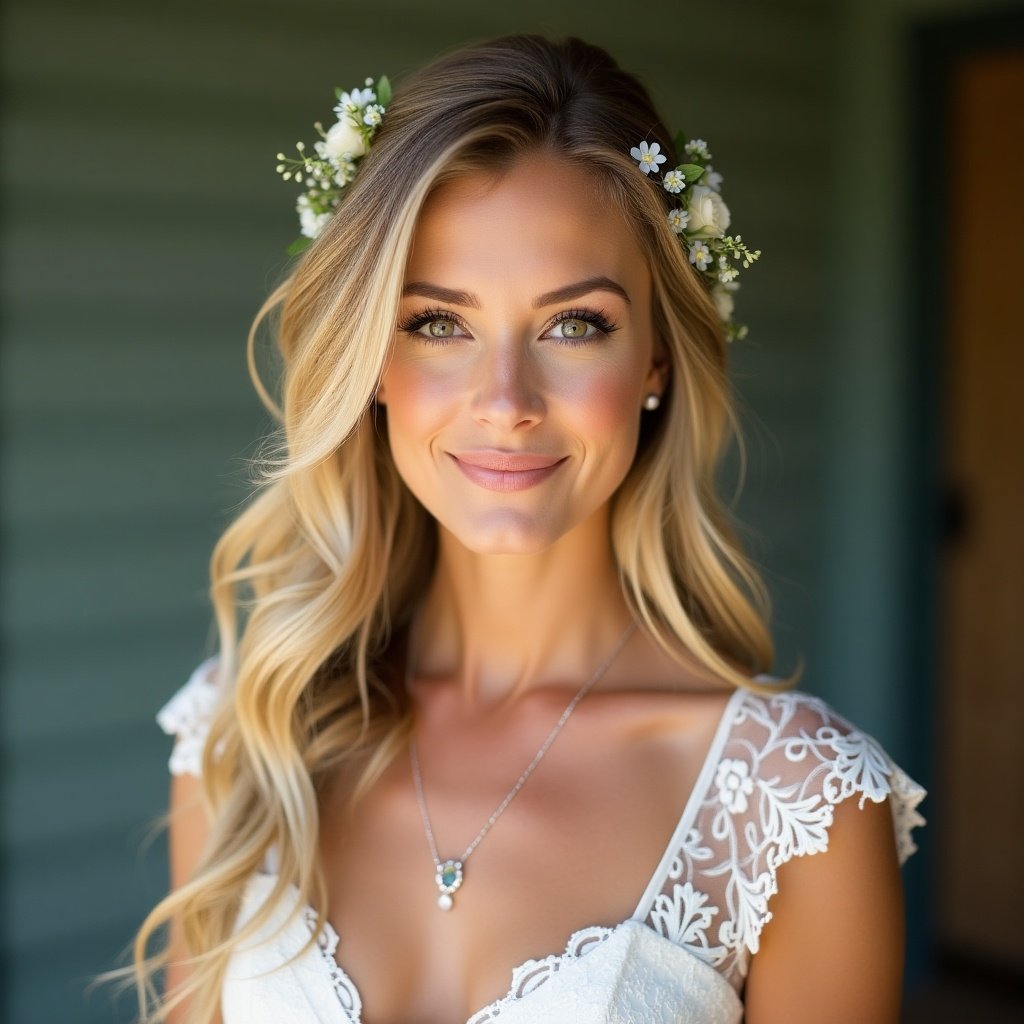 A bride with long, wavy hair styled naturally. Floral pins adorn the hair. She wears a lace wedding gown with delicate accents. She has a warm, kind expression. The setting has soft, natural light.