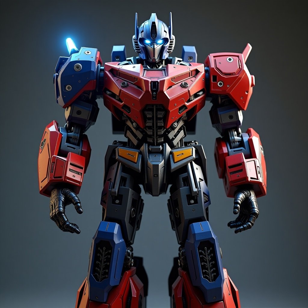 Transformer robot features lights on the shoulders. The robot exhibits a strong, sturdy design with vibrant colors and glowing elements.