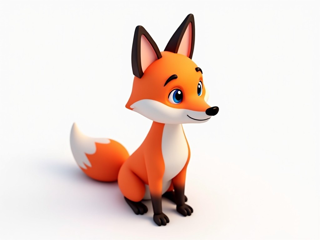 This image features a charming 3D character of a fox, designed with a bright orange body and a white underbelly. The character is depicted in an isometric view, sitting with a friendly demeanor and a big smile. Its large ears and blue eyes add to its approachable and playful look. The background is a simple white, which emphasizes the vibrant colors of the fox. The design incorporates smooth textures and ambient occlusion for depth, likely created using a game engine like Unity.