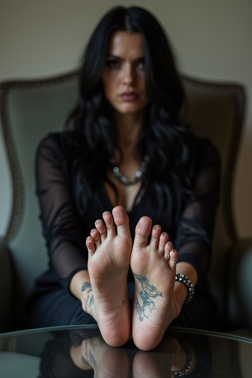 Mature goth woman with long black hair. Feet are bare showing tattoos. Sitting on a chair with feet on a glass table.