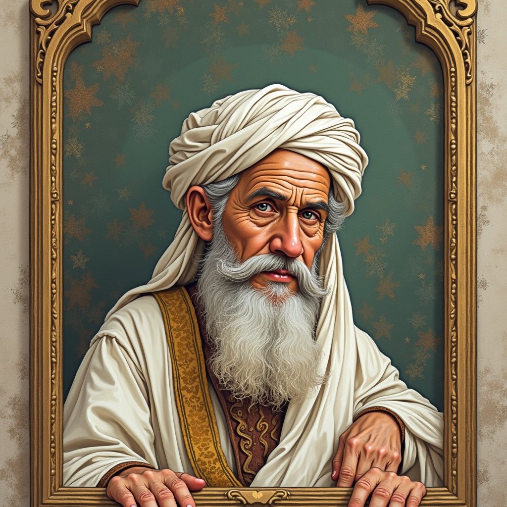 Portrait of a wise man in traditional attire. Ornate frame surrounding the figure. Intricate background design enhances the cultural depth. Hands placed on a surface in front. A sense of nobility and wisdom is depicted.