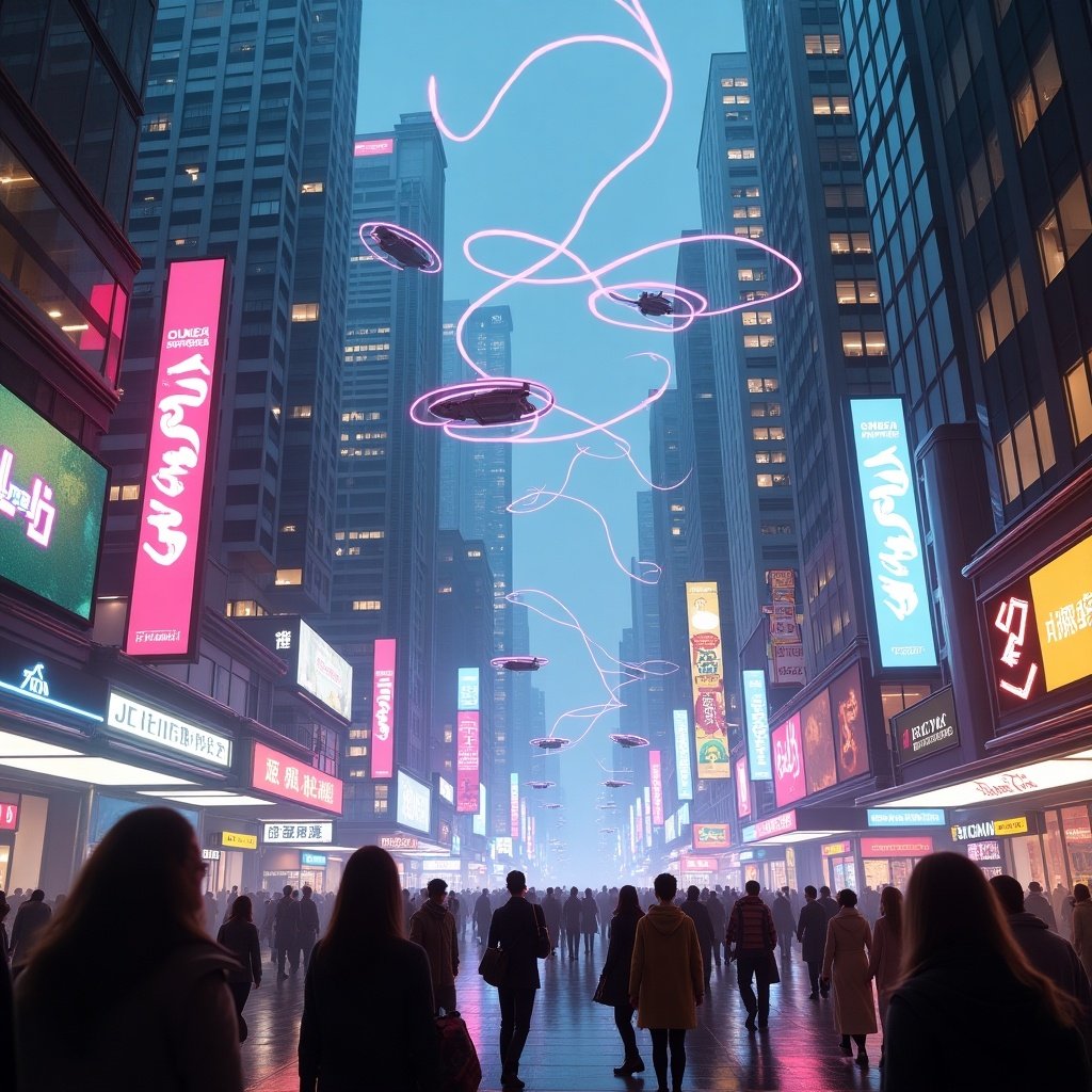 Futuristic city with glowing neon lights and hovering drones. Busy street filled with people. Atmosphere inspired by cyberpunk aesthetics.