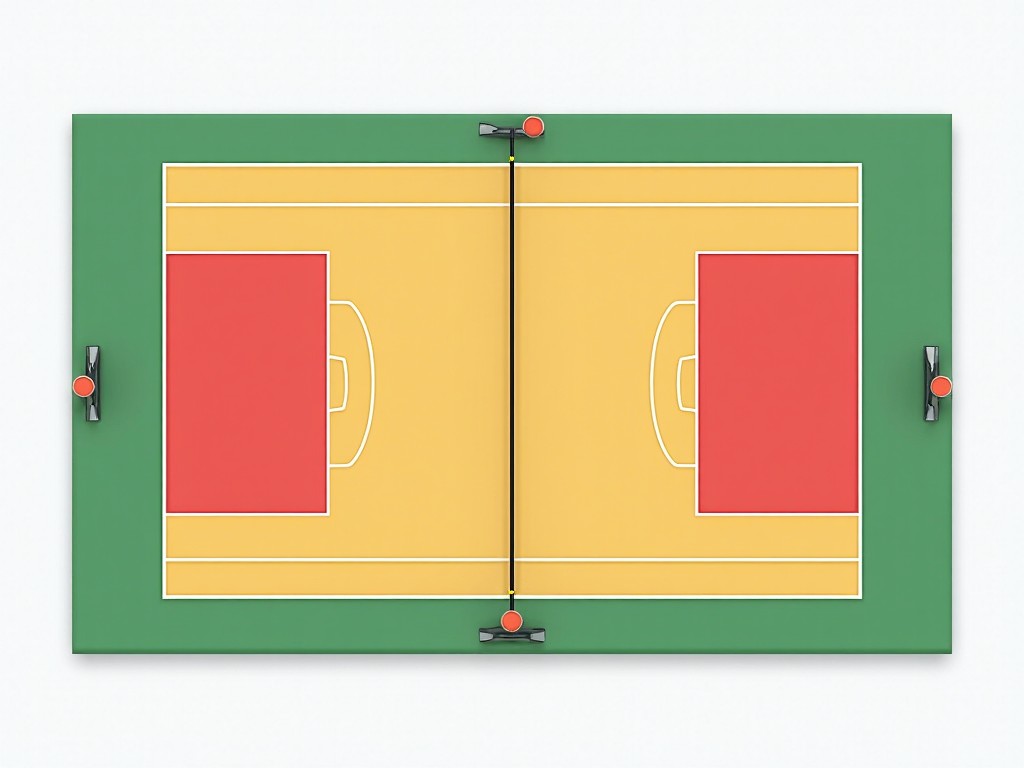 The image showcases a volleyball court layout designed for training and educational purposes. It features a clear depiction of the court with designated playing areas marked in yellow and red. The net is centered, dividing the court into two equal halves. The lines are prominently displayed, outlining the boundaries for play. This top-down view emphasizes the organization of space, ideal for understanding court dimensions and layout for competitive play.