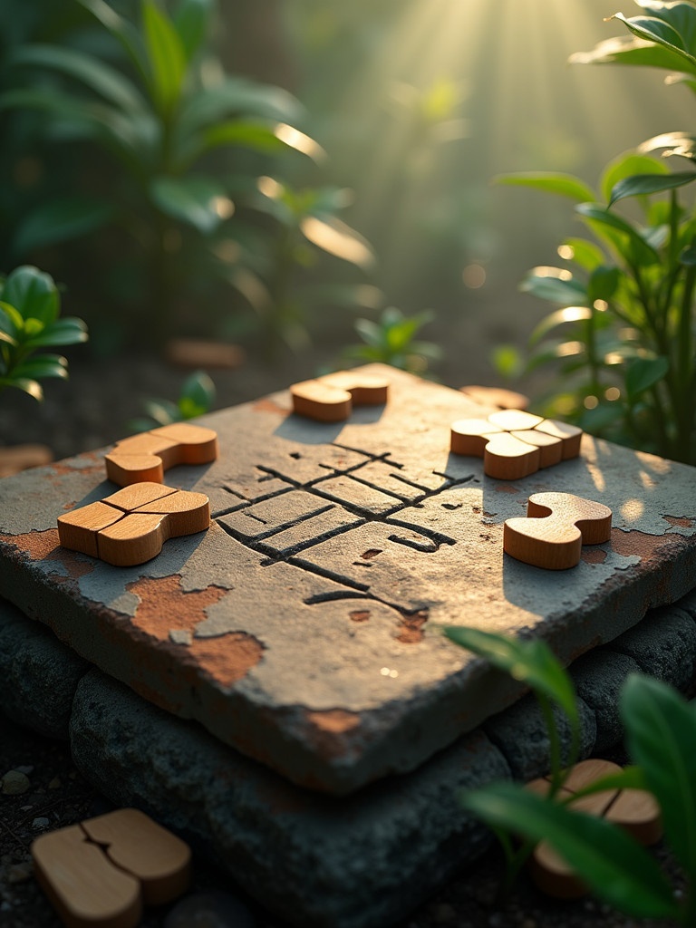 Wooden tangram puzzle pieces scatter over worn stone tablet. Tablet features etched Chinese seal script. Surrounded by lush green plants and misty atmosphere. Soft golden lighting enhances scene.