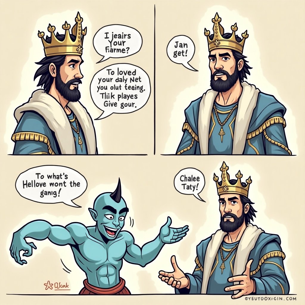 Comic strip with three panels. Male king in royal attire. Genie introduces himself to the king. King expresses desire to switch places with the genie. Magical essence of their swap shown with dynamic poses and humorous expressions.