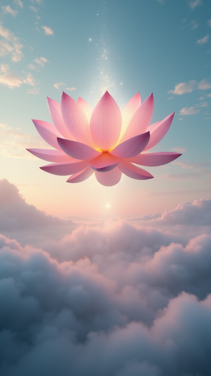 A stunning digital portrayal of a delicate pink lotus flower floating above a sea of soft, fluffy clouds. The image evokes a sense of tranquility and grace, with the lotus exuding an ethereal glow as it is illuminated by gentle sunlight from the surrounding sky, creating a serene and magical atmosphere.