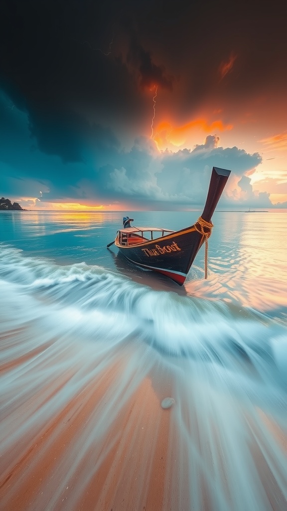 A dramatic scene unfolds as a traditional wooden boat sits gently on the shore, with frothy waves retreating back into the vast ocean. The sky is ablaze with an intense mix of orange and blue hues, casting a mystical glow upon the water. Lightning flickers in the distant clouds, adding an element of raw, natural power to the tranquil setting.