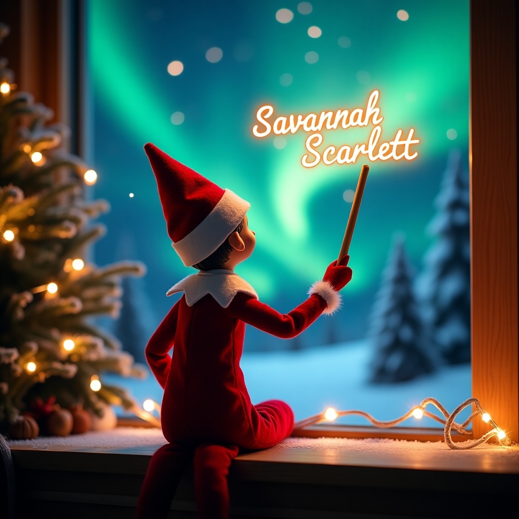 An enchanting Christmas scene captures the spirit of the holiday season. The focus is on an elf on the shelf, dressed in traditional red and white attire, holding a magic wand. The elf faces the sky, contributing to a sense of wonder. Above him, the names 'Savannah' and 'Scarlett' glow softly in a whimsical script. In the background, vibrant northern lights illuminate the scene, creating a magical ambiance. This festive portrayal evokes feelings of joy and excitement, perfect for celebrating Christmas.