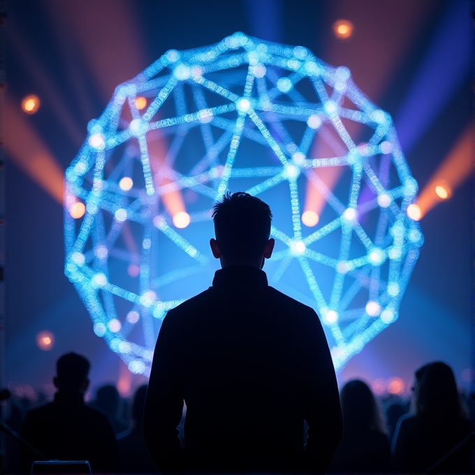 A person stands in silhouette before a large, glowing geometric sphere with lights.