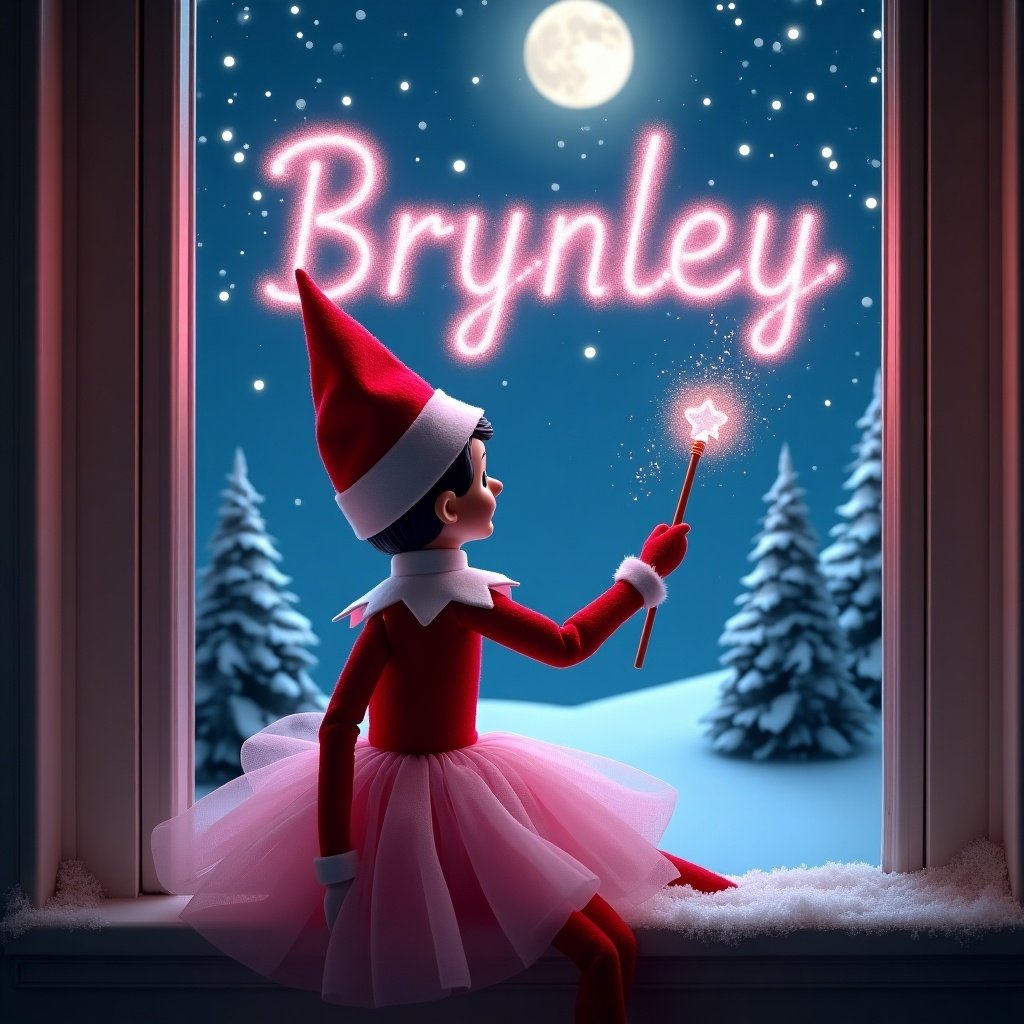 Image of an Elf on the Shelf with back turned. Dressed in a pink poofy dress. Holding a magical wand. Wand creates the name 'Brynley' with sparkly pink glitter. Night sky with bright moon and stars. Winter scene with snow-covered ground and evergreen trees. The name 'Ethan' glows in the background.