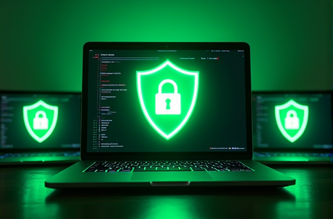 A laptop displays a glowing green lock symbol on a shield, with two additional monitors showing similar imagery in the background, all set in a dark room.