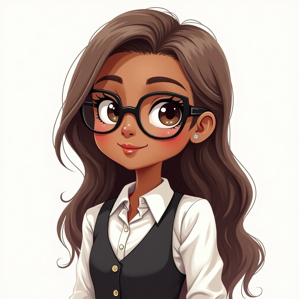 Illustration of a girl with long hair wearing a black and white outfit. Light brown hair styled elegantly. She has glasses, pale skin with a hint of blush, and long eyelashes.