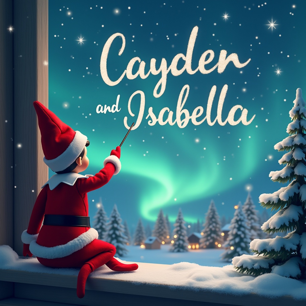 An enchanting scene featuring an elf on the shelf sitting on a ledge with his back to the viewer. The elf is facing the sky, using a wand to write 'Cayden and Isabella' in the clouds. The background displays a magical Christmas setting, highlighted by the Northern Lights. Snow-covered trees frame the scene, and a cozy village can be seen in the distance. The ambiance is filled with holiday joy and wonder, perfect for a children's Christmas theme. The names written in the clouds twinkle with a soft glow, adding to the festive atmosphere.