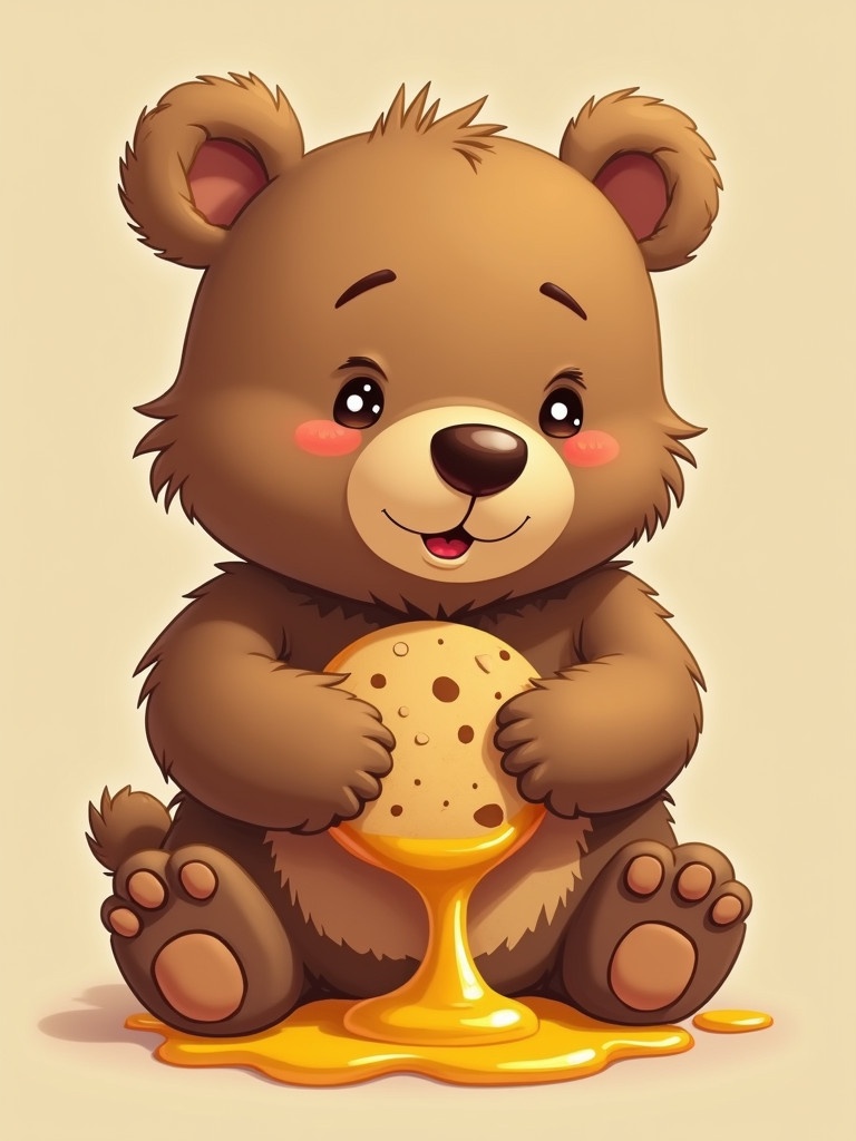 A chubby bear enjoys a cookie dipped in honey. The bear has a joyful expression. The honey drips from the cookie. The background is a soft beige color. The bear has round cheeks and a fluffy appearance. It sits comfortably, showcasing its paws.