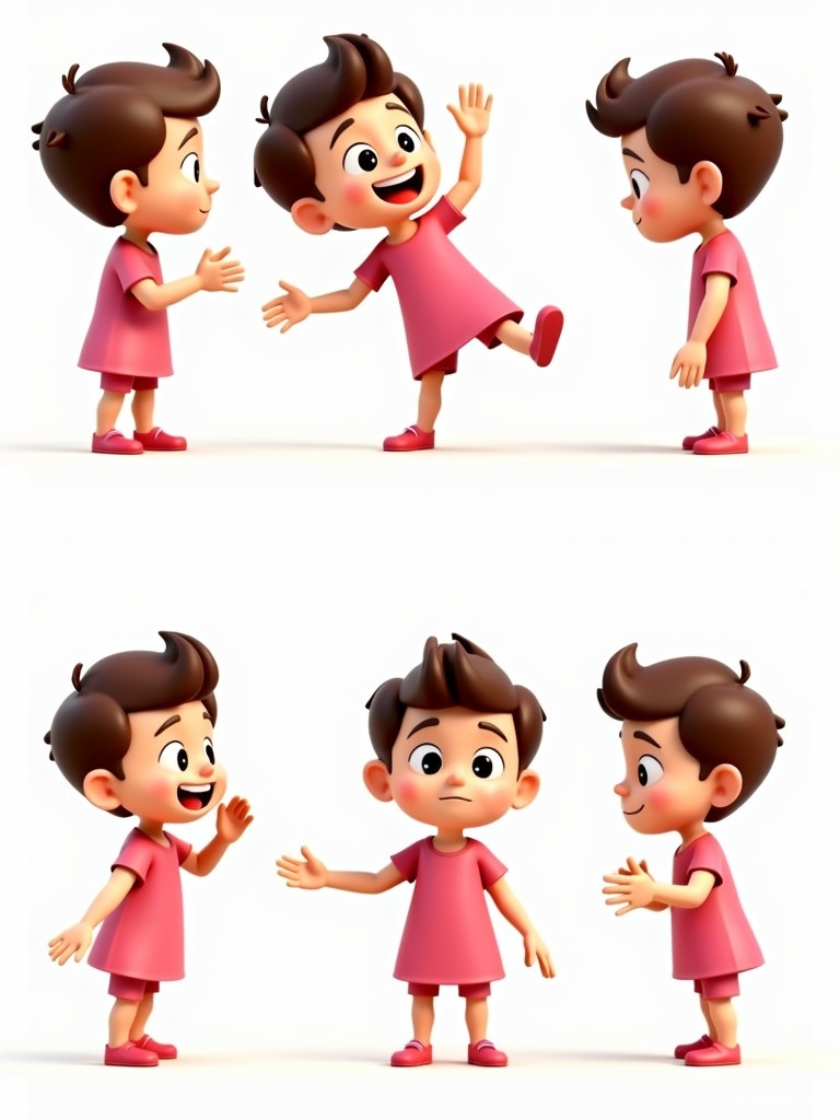 3D cartoon character of young boy. Brown hair and short pink dress. Displays shyness excitement and curiosity in multiple lively poses. Bright color theme ideal for kids media.