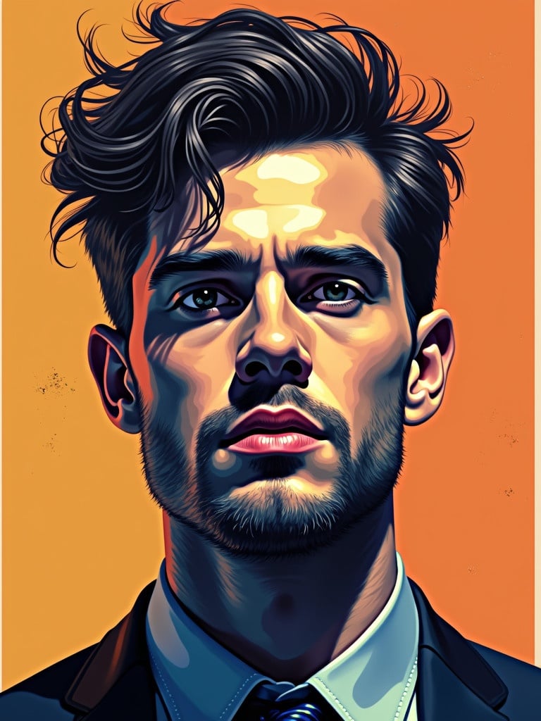 Generate a vibrant WPAP portrait with a stylized representation. Use bright orange and contrasting dark colors. The figure wears a suit and tie. Focus on creating geometric shapes. Emphasize bold colors and flat design.