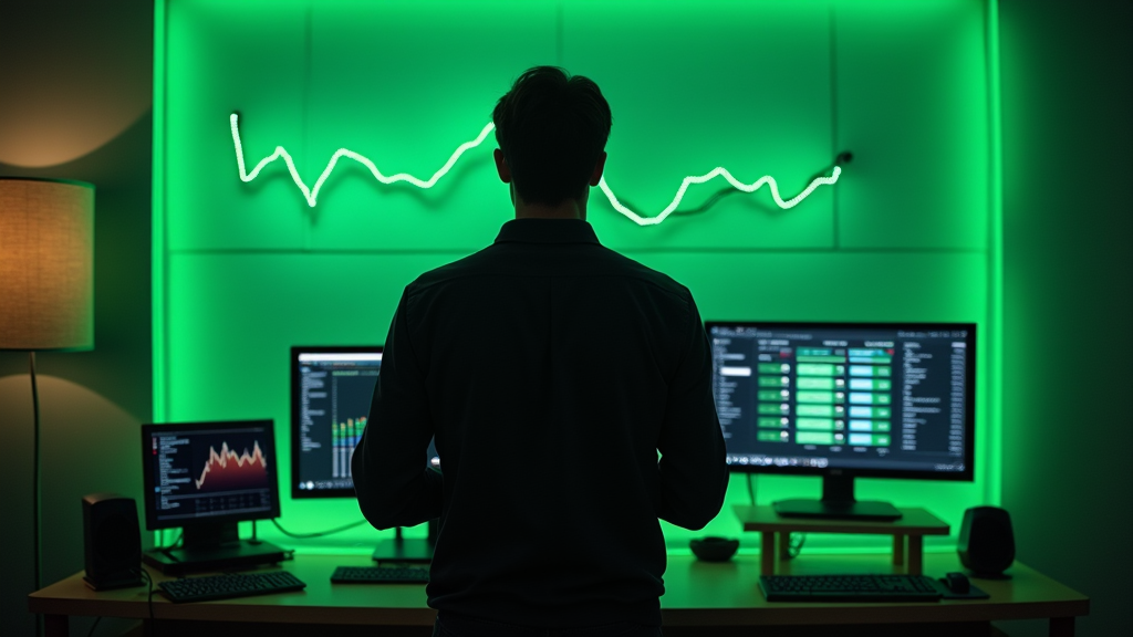 A person stands in a dimly lit room with neon green lighting, facing multiple computer screens displaying financial charts and data.