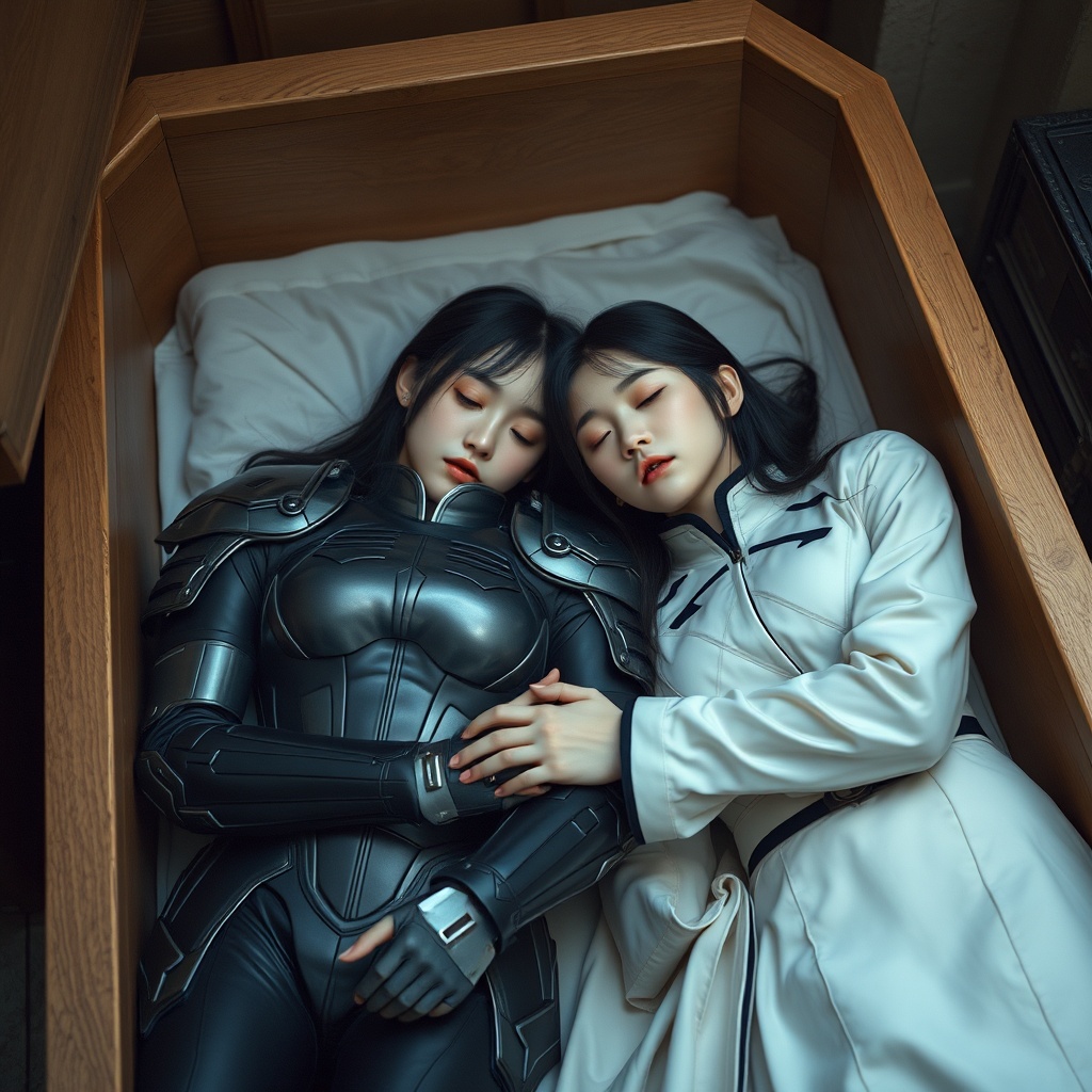 Two women in contrasting attire sleep peacefully in a wooden coffin-like bed.