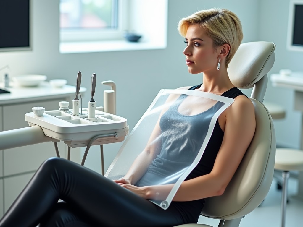 The image features a stylish woman in a dental clinic setting. She has short blond hair and is wearing elegant earrings, a tank top, and tight black shiny pants. The dental chair she is seated in is modern and comfortable. A large clear PVC bib covers her lap, with white edges that contrast her outfit. Bright natural light fills the room, highlighting the clean and clinical environment. The woman appears relaxed and at ease, making the dental experience look inviting.