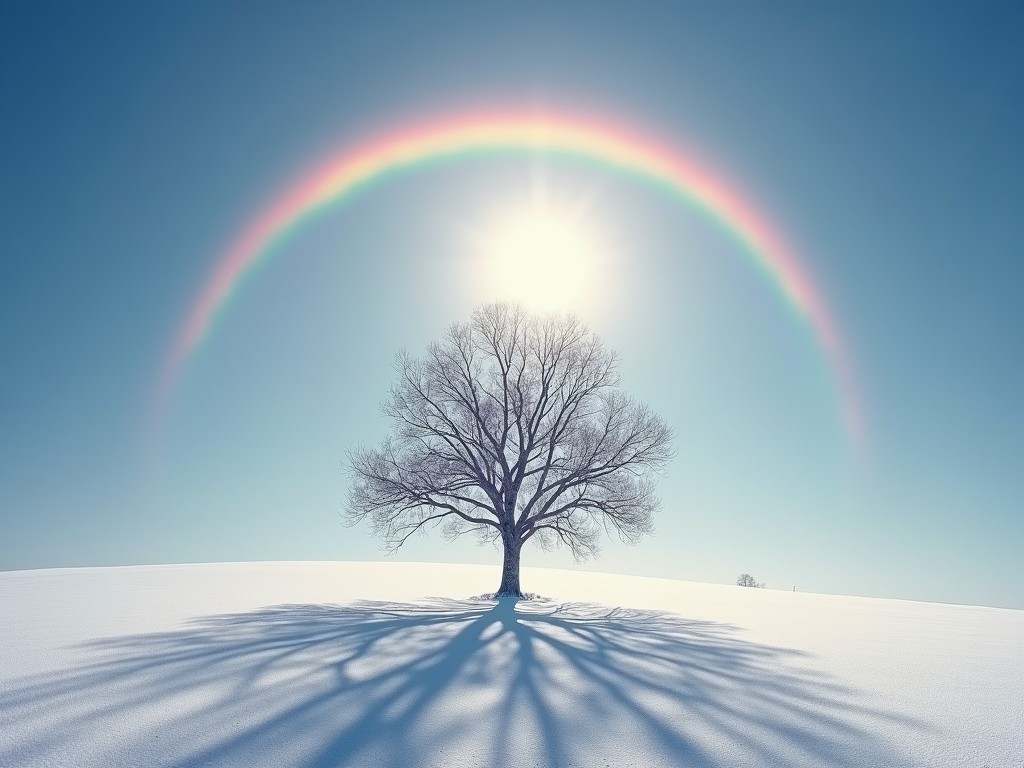 This striking image captures a lone tree standing majestically on a snow-covered landscape under a clear blue sky. A vividly bright sun above produces a perfect, delicate rainbow halo, casting an intricate shadow on the pristine snow beneath. The composition conveys a serene blend of calmness and ethereal beauty, highlighting the harmony between nature's elements.