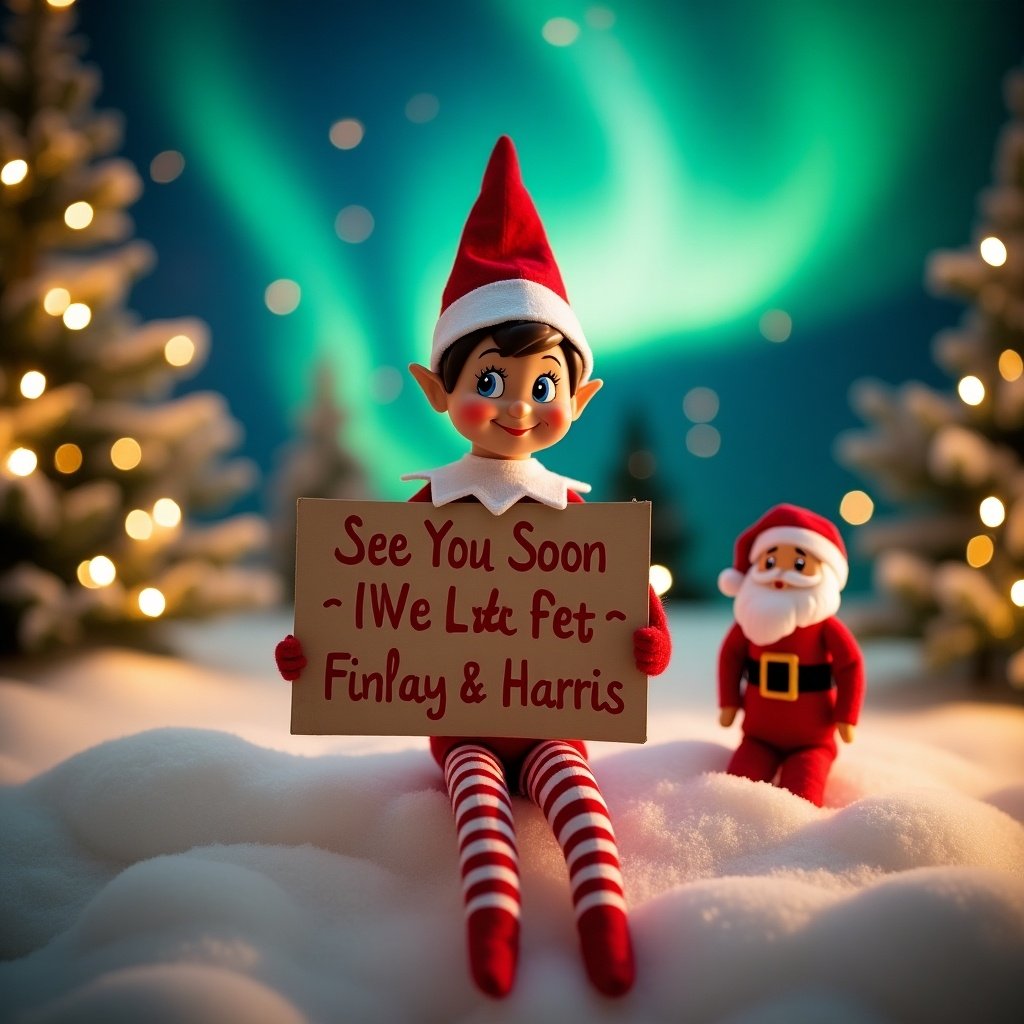 Elf character holding a sign saying 'See You Soon Finlay & Harris'. The elf has red and white striped legs. Snow-covered trees and a night sky with northern lights in the background. Santa figure is also present. Cheerful and festive atmosphere for Christmas.