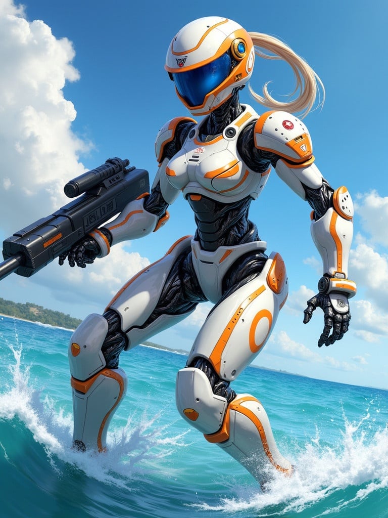 Futuristic robot girl running through shallow sea water. She wears an advanced white and orange armor suit. The setting is bright with a blue sky and soft clouds.